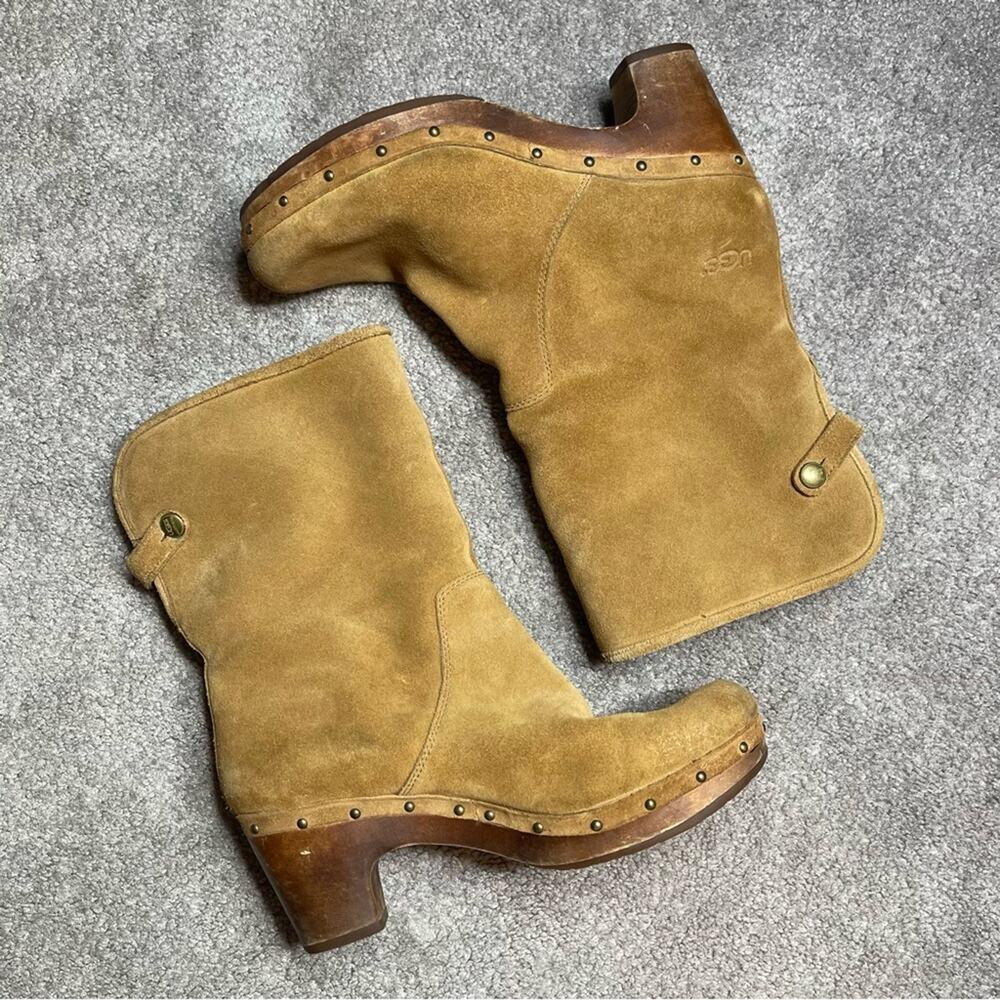 UGG Lynnea Tan Suede Shearling Mid Calf Heel Boots Size 8